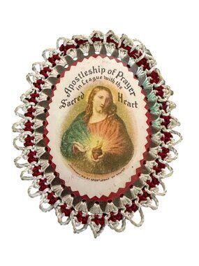 Vintage Sacred Heart Of Jesus Religious Bookmark Token Crochet Border